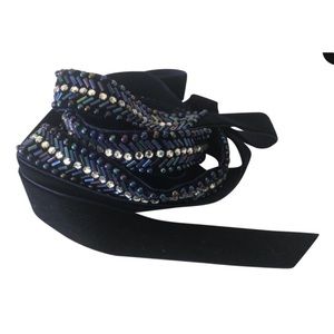 Blue velvet beaded tie belt NWOT
